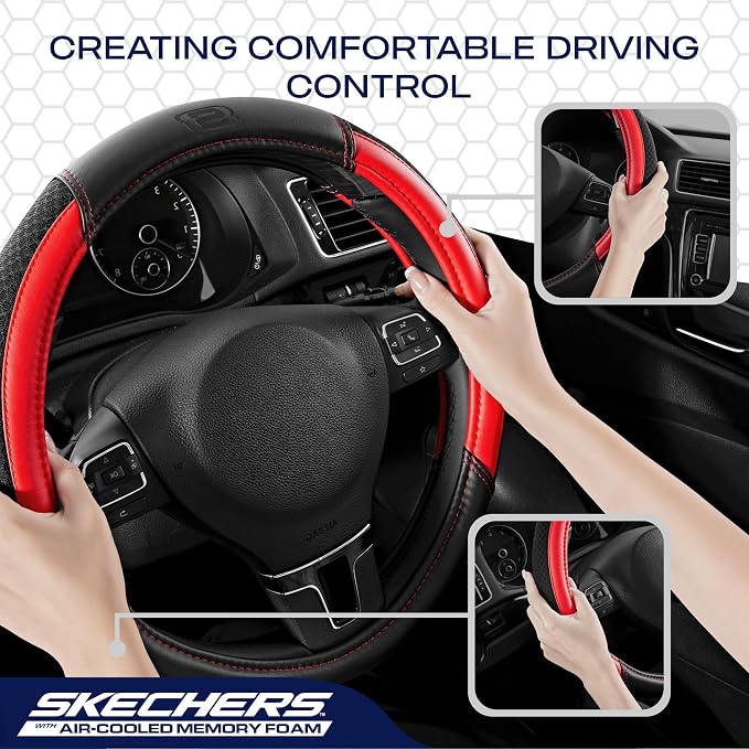Skechers Air-Cooled Steering Wheel Cover, Leather Car Steering Wheel Cover Universal Fit 14" 1/2-15" Car Wheel Protector for Men Women Fit Suvs,Vans,Sedans,Car,Trucks,Red - Image 5