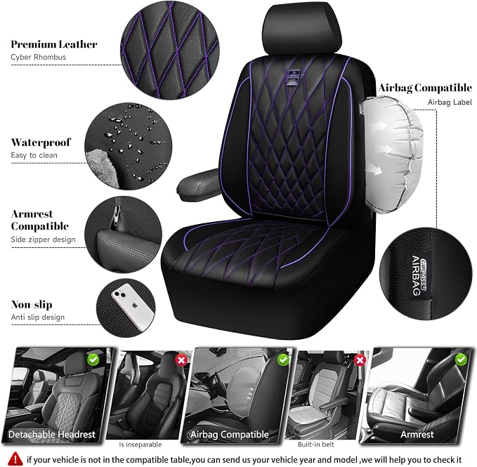 CAR PASS Piping Luxury Faux Leather Two Front Car Seat Covers, Waterproof Anti Slip Premium Automotive Seat Covers,Universal Fit for Suvs,Vans,Trucks, Armrest Airbag Compatible (Black and Purple) - Image 3