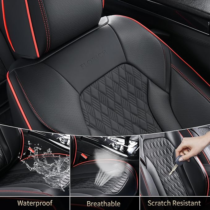 Seat Covers, Car Seat Covers Full Set, Luxury Nappa Leather Seat Covers, Breathable and Waterproof Car Seat Protector 5 Seat, Automotive Seat Covers Universal Fit for Most Cars-BlackRedline - Image 8