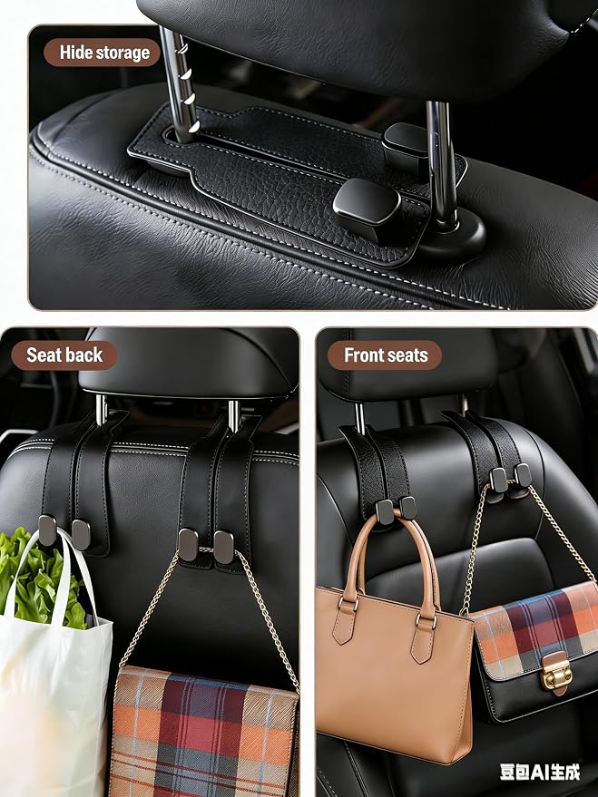 Car Seat Headrest Hooks for Purses and Bags, 4-Pack Heavy Duty Car Seat Hooks with Anti-Slip Pad, Universal Car Backseat Organizer Hanger Accessories for Grocery Bags (Black) - Image 3