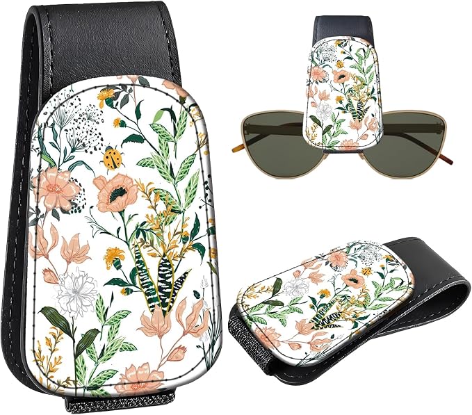 Leather Magnetic Sunglass Holder for Car Sun Visor, Cute Eyeglass Ticket Card Hanger Clip, Universal Auto Interior Accessories for SUV Pickup Truck, Wildflower Garden by Unknown