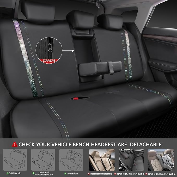 CAR PASS Bling Diamond Car Seat Covers Full Set, Shining Rhinestone Waterproof Faux Leather, Rear with Zipper, Universal Fit Automotive Glitter Crystal Sparkle Strips for Cute Women Girl,Muticolor - Image 4