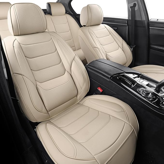 Leather Front Car Seat Covers Automotive Seat Protectors | Breathable，Waterproof，Durable，Full Surround & Lumbar Support Design，Non-Slip，Universal Fit for Most Cars SUV Trucks Van，Beige - Image 2