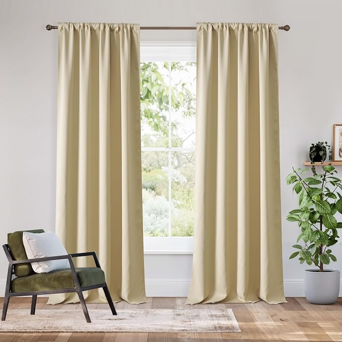 RYB HOME Bedroom Blackout Curtains 80 inches Long, 100% Blackout | Thermal Insulated, Noise Reducing, Curtains for Living Room Nursury, For Sleep, W42 x L80, Biscotti Beige by RYBHOME