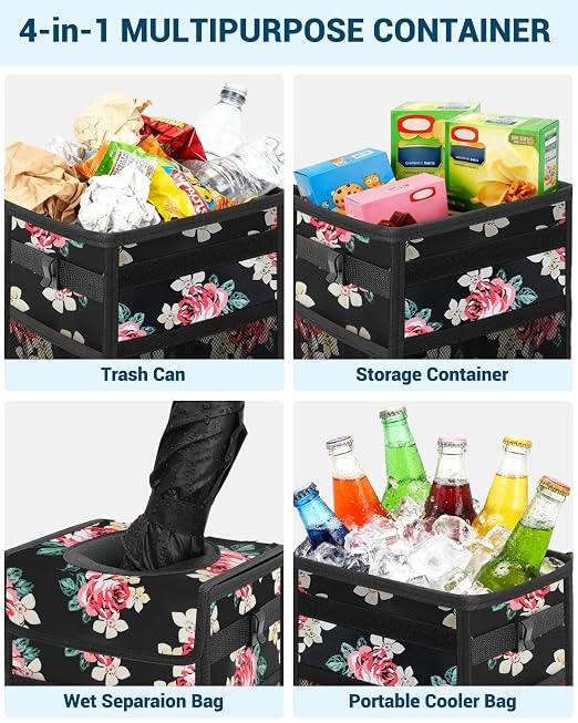 Capolo Car Trash Can with Lid, Leakproof Car Garbage Can Car Trash Bag | Waterproof, Trash Can for Car, 3 Mesh Pockets, Mini Hanging Vehicle Car Trash Bin, for Back/Front Seat (Flower,2.5 Gal) - Image 5