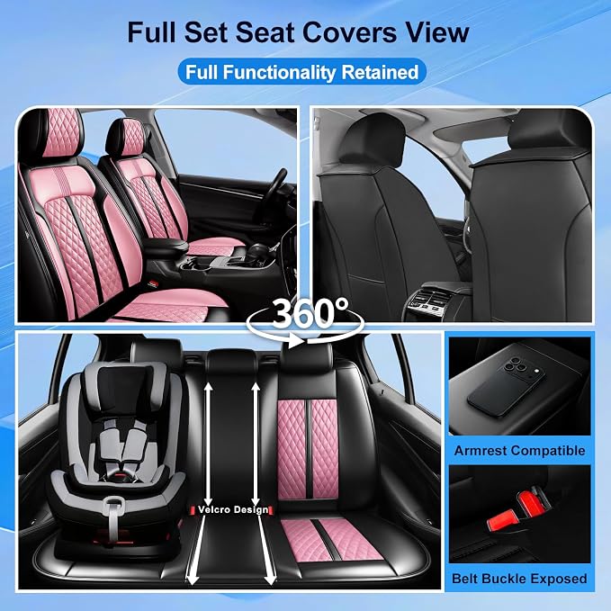 Fit Genesis Seat Covers Fit for Hyundai Genesis 2009-2016, 5 Seats | Premium Leather Full Coverage Protectors, Waterproof, Breathable, Scratch Resistant, Easy Wipe, Airbag Compatible, Black+Pink - Image 2