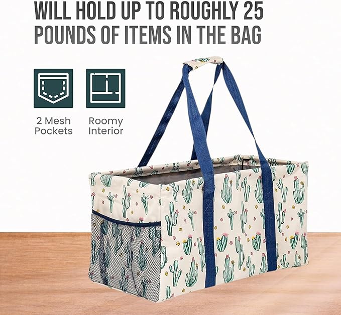 Extra Large Utility Tote Bag, Oversized Collapsible Reusable Wire Frame Rectangular Canvas Basket With Two Exterior Pockets For Beach, Pool, Laundry, Car Trunk, Storage - Cactus White - Image 5