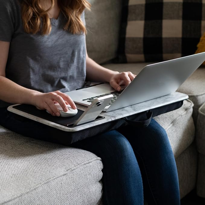 LAPGEAR Home Office Lap Desk – White Marble, Fits 15.6” Laptops | Built-In Mouse Pad & Phone Slot, Integrated Device Ledge, Dual-Bolster Microbead Cushion, Carry Handle - Image 6