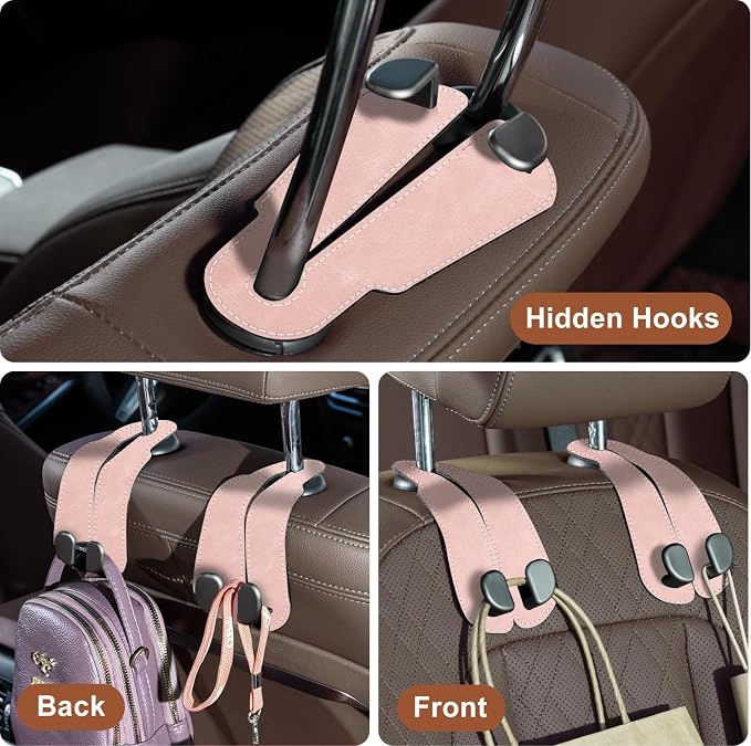 CoBak Purse Hook for Car - Universal Premium Stitched Leather and Aluminum-Magnesium Alloy Double Car Seat Back Storage Hook for Purses, Handbags, Bags (2 Pack),Blush Pink - Image 4