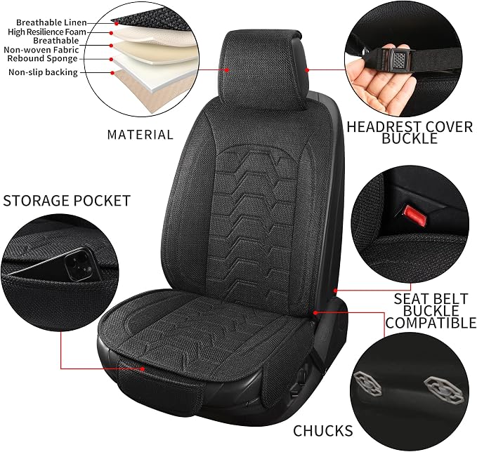Linen Front Car Seat Covers Cloth Fabric Automotive Seat Protectors | Breathable Durable Anti-Slip All-Season Comfort Easy to Install Universal Fit for 95% of Cars Trucks SUVs Vans (Black, 2PCS) - Image 5