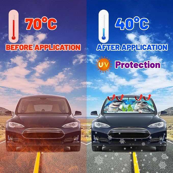 Funny Sharks Car Windshield Sunshade Umbrella Sharks Driving Sun Shade for Car Windshield Umbrella Upgraded Sunshades Blocks UV & Heat Front Window Shades for SUV Sedan Auto - Image 3