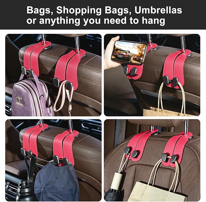 CoBak Purse Hook for Car - Universal Premium Stitched Leather and Aluminum-Magnesium Alloy Double Car Seat Back Storage Hook for Purses, Handbags, Bags (2 Pack),Raspberry - Image 6