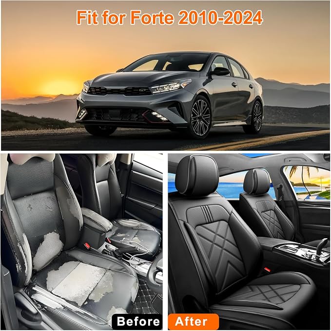 Forte Car Seat Covers Custom Fit for Kia Forte 2010-2024, Full Coverage Leather Waterproof Breathable Seat Covers, Automotive Seat Protectors, Airbag Compatible(2 Front Seats, Black) - Image 5