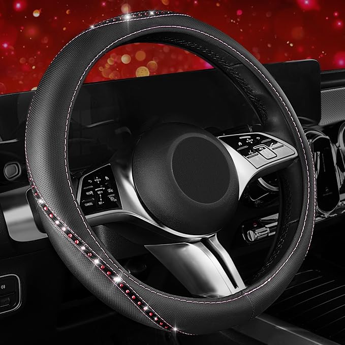 CAR PASS Bling Diamond Leather Steering Wheel Cover, Studded Crystal Rhinestones Universal Fit 14" 1/2-15" Crystal Glitter for Women Sparkle Girl Fit Suvs,Vans,Sedans,Cars,Trucks, Hot Pink Diamond - Image 8