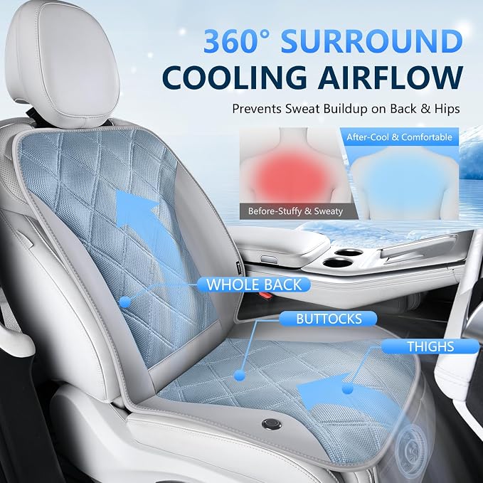 Cooling Car Seat Cushion Ventilated Car Seat Cover with 3-Speed Adjustable Universal Fit for 12V/24V Car SUV Truck Van for Summer, Gray - Image 2