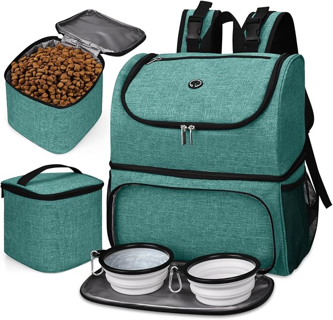 BAGLHER Pet Travel Bag, Double-Layer Pet Supplies Backpack (for All Pet Travel Supplies), Pet Travel Backpack with 2 Silicone Collapsible Bowls and 2 Food Baskets Green by BAGLHER