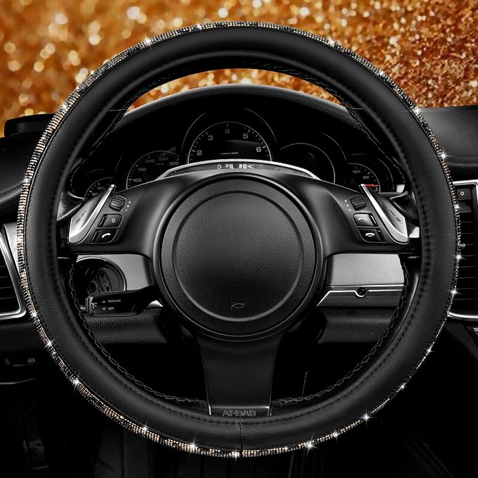 CAR PASS Bling Diamond Steering Wheel Cover Leopard Pattern, Sparkly Crystal Glitter Rhinestones Black Leather Wheel Protect for Women Girl Fit Suvs,Vans,Sedans,Cars,Trucks, 14" 1/2-15" Gold Leopard - Image 7