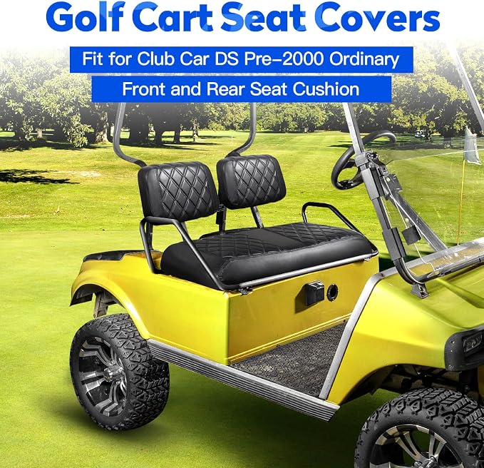 NOKINS Golf Cart Seat Covers 4 Piece Fits Club Car DS Pre-2000 | Front and Rear Seat Vinyl Covers, Golf Cart Accessories, No Staples(Black&Black Stitching) - Image 2