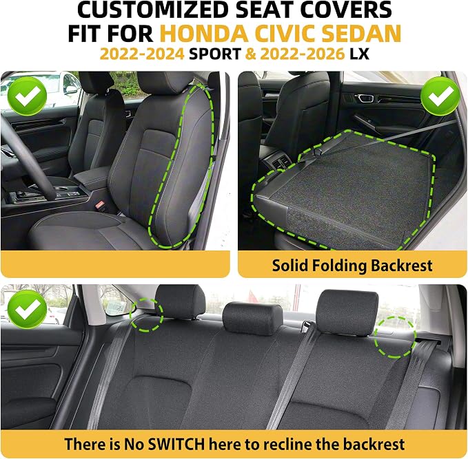 Lolcar Custom Fit Civic Seat Cover Full Set for Honda Civic 4 Door Sedan-Only (Sport 2022 2023 2024) & (LX 2022-2026),5-Seats Full Set,Leather Seat Protector(Black) - Image 2