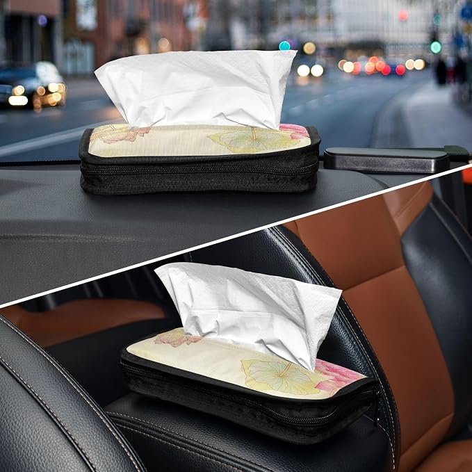 Car Tissue Holder Car Napkin Holder Tissue Box Dispenser Storage Case Sun Visor Mask Holder Accessories with Adjustable Straps Reusable Refillable Dragonfly Lotuses Yellow - Image 8