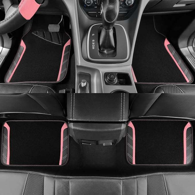 CAR PASS Microfiber Steering Wheel Cover and Waterproof Car Floor Mats,Leather Universal Car Combo Fit for 95% Truck,SUV,Cars,14.5-15inch Sporty Anti-Slip Safety Comfortable Design(Black and Pink) - Image 5