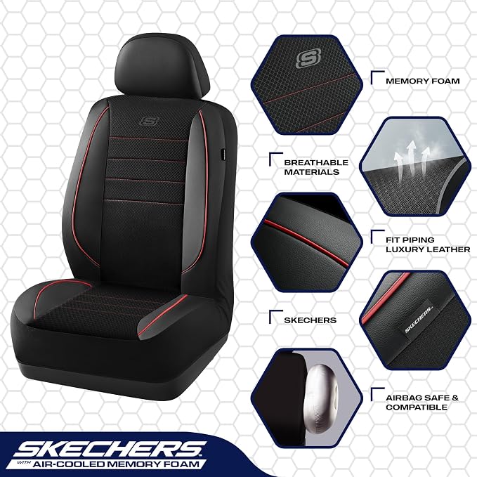 Skechers Air-Cooled Memory Foam Seat Covers,Mesh Thick Car Seat Covers,Piping Leather Car Seat Cover Full Set,Airbag Compatible,Automotive Comfort Universal Fit Most Cars,Vans,Trucks,SUV,Red - Image 4