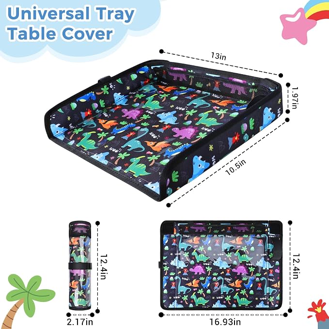 COOLBEBE Airplane Tray Table Cover, Foldable Travel Tray Cover | for Toddlers 1-3, Universal Fit for Airplane, Car Seat, High Chair, Machine Washable, Portable, Black Dinosaur - Image 7