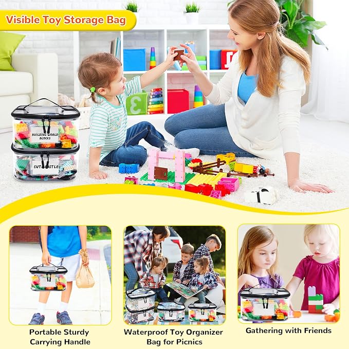 Tesuko 6 Pack Clear Toy Storage Bag with Name Tag& Manual Pocket, Waterproof Transparent PVC Toy Organizer Case for Lego Bricks, Board Games, Building Blocks, Puzzles (Large Capacity, Black) - Image 7