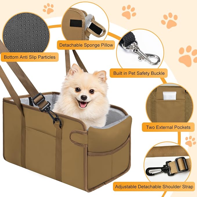 Portable Dog Car Seat for Small Dogs, Puppy Car Seat, Khaki | Booster Seat With Safety Leash & Adjustable Straps Keeps Small Dogs Secure. Removable Washable Cushion. Fits Most Cars. - Image 3