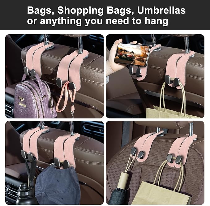 CoBak Purse Hook for Car - Universal Premium Stitched Leather and Aluminum-Magnesium Alloy Double Car Seat Back Storage Hook for Purses, Handbags, Bags (2 Pack),Blush Pink - Image 6