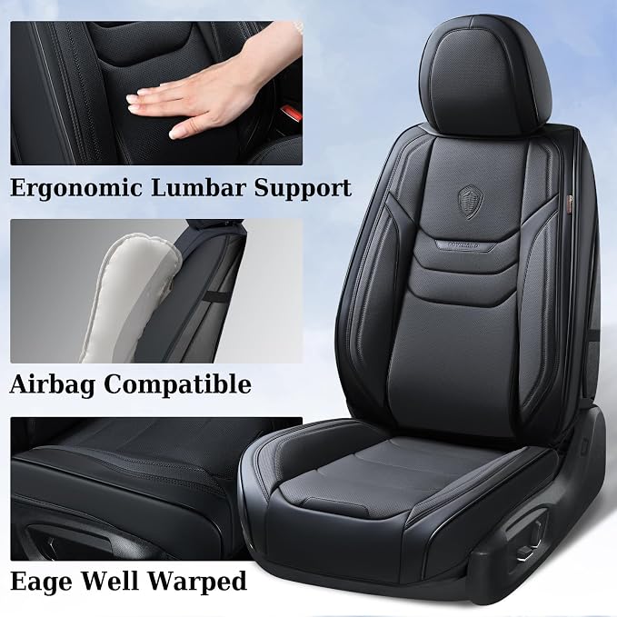 Coverado Leather Seat Covers for Cars, Car Seat Covers Full Set, Breathable Car Seat Protector with Lumbar Support, Black Seat Covers, Front and Back Waterproof Seat Cover Universal Fit for Most Cars - Image 3