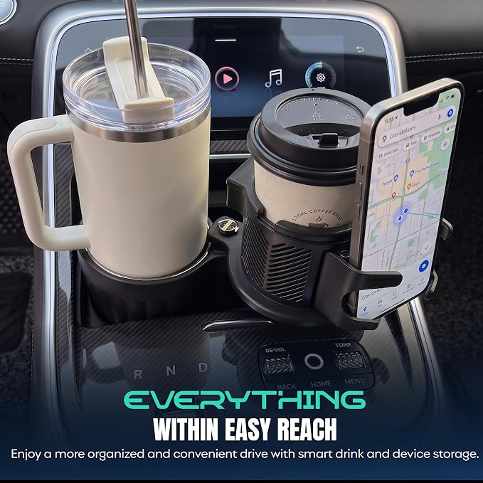 Car Cup Holder Expander with Phone Holder, 360° Adjustable Cup Holder Extender, Upgraded Stainless Steel Liner, Fits 40 oz Tumblers, Water Bottles, Coffee Cups and Large Drink Containers - Image 2