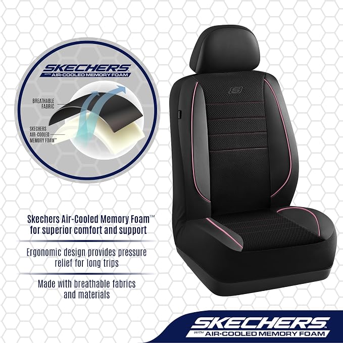 Skechers Air-Cooled Memory Foam Seat Covers,Mesh Thick Car Seat Covers,Piping Leather Car Seat Covers Front Seats,Airbag Compatible,Automotive Comfort Universal FitMost Cars,Vans,Truck,SUV,Pink - Image 4