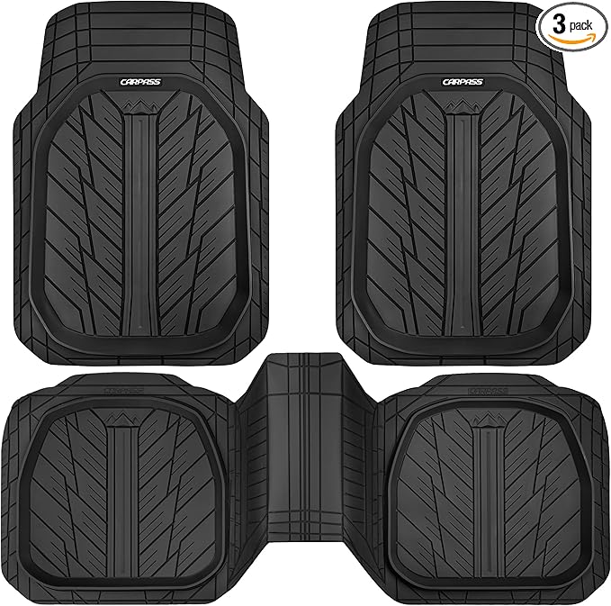 CAR PASS DeepDish Heavy Duty Rubber Floor Mats 3-Piece, Universal M-XL Size Trim-to-Fit Automotive Floor Mats for Truck Van SUV, Durable Waterproof All Weather Car Mats (Solid Black) by CARPASS