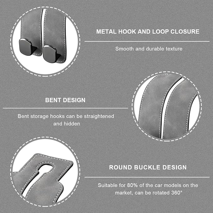 2 PCS Car Seat Headrest Hook, Suede Leather Back Seat Organizer Double Metal Hooks, Universal Headrest Hanger Convenient Vehicle Storage Hook for Purse Handbag Coats (Gray) - Image 3