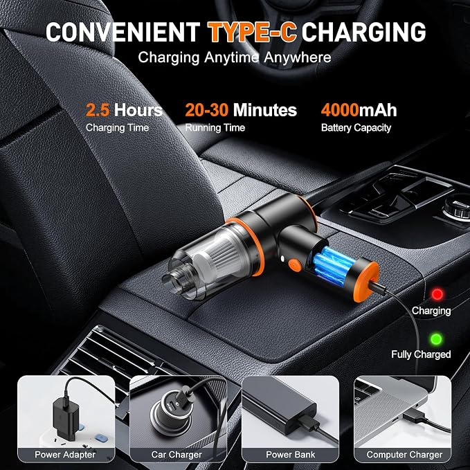 KMM Handheld Car Vacuum Cleaner, 9000PA Hand Held Vacuum & Air Duster | 120W High Power, Portable, Cordless, Rechargeable, Multi-Nozzles & LED Light, For Home, Car, Office - Image 4