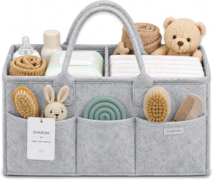 SHAROM Diaper Caddy Organizer for Baby, Portable Diaper Caddy Basket, Felt Baby Diaper Caddy & Baby Caddy Organizer, Caddy for Baby Stuff, Diaper Organizer for Changing Table, Car & Nursery, Gray by Unknown