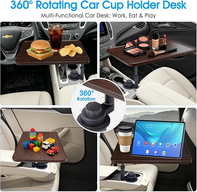 Car Desk for Laptop, 360° Swivel, Height Adjustable Wood-Grain Tray | Tool-free install, fits 2.8"-3.9" cup holders. Scratch-resistant wood-grain finish. For laptop work, dining, or passenger use - Image 7