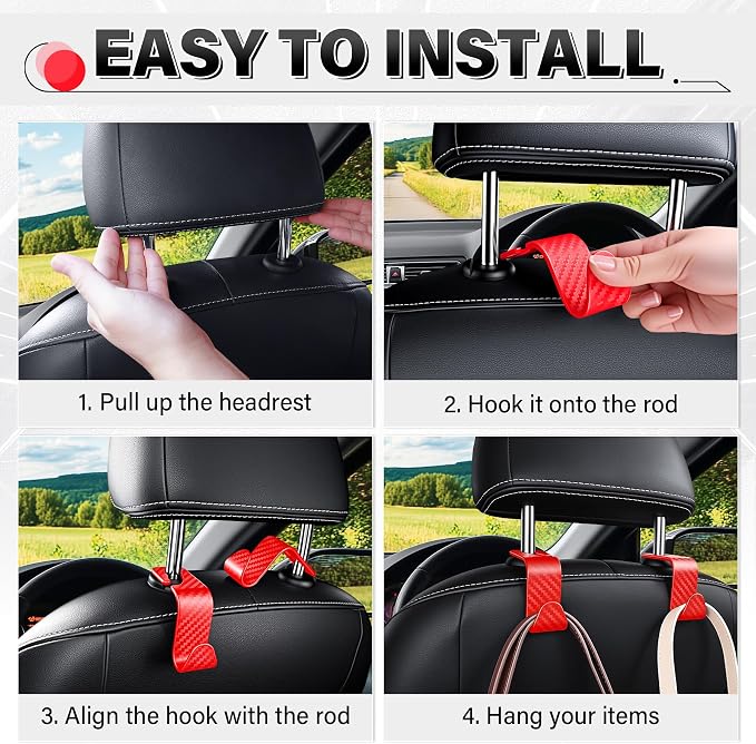 SINGARO Universal 2 Pack Car Seat Headrest Purse Hook, Carbon Fiber Back Seat Hook Storage Organizer Hanger for Purse Handbag Coat, Car Interior Accessories(Red) - Image 5