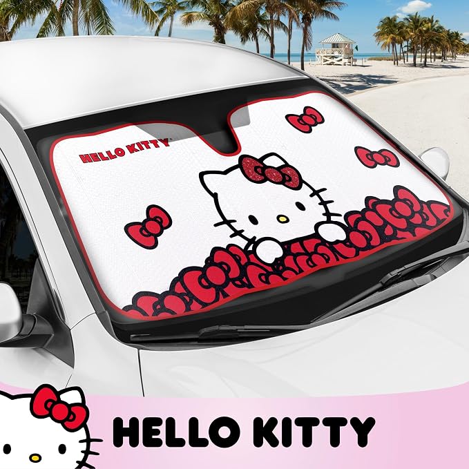 Carbella Hello Kitty Car Windshield Sun Shade, Official Sanrio Sun Shade for Car Window, Cute Sun Shade for Front Windshield, Hello Kitty Accessories for Women ﻿(Red Bow Dreams) - Image 2