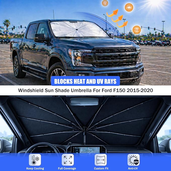 Car Windshield Sun Shade Umbrella for Ford F150 2015-2020 | 2026 Upgraded,Custom-Fit Umbrella Sunshade,Easy Install,UV Protection & Heat Reflective,Keep Interior Cooler with Storage Bag - Image 3