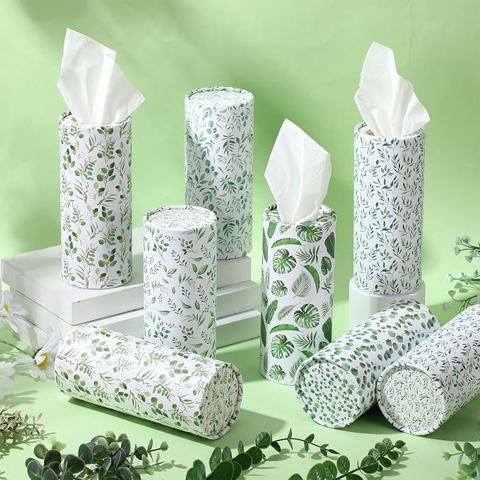 Outus 12 Pcs Eucalyptus Leaves Car Tissues Cylinder Holder with 3 Ply Facial Tissue Bulk Round Tissue Holder Travel Tissues Boxes Container for Car Cup Wedding Birthday Party - Image 5