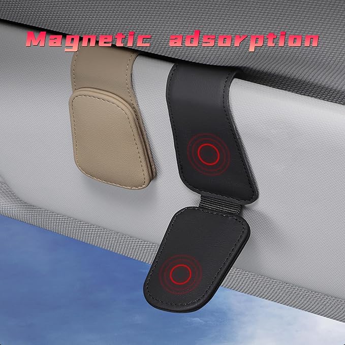 Magnetic Leather Car Visor Sunglass Holders, Beige | flip-open design, holds eyewear tickets or cards, tool-free mounting, fits most cars and trucks, car interior accessories - Image 4