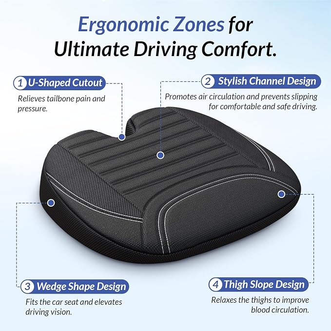 Wedge Car Seat Cushion for Tailbone Pain Relief & Better Visibility, Ergonomic Memory Foam Seat Cushion for Car with Breathable Channel Design, Fits Car, SUV, Truck, Non-Slip Mesh Cover - Image 2