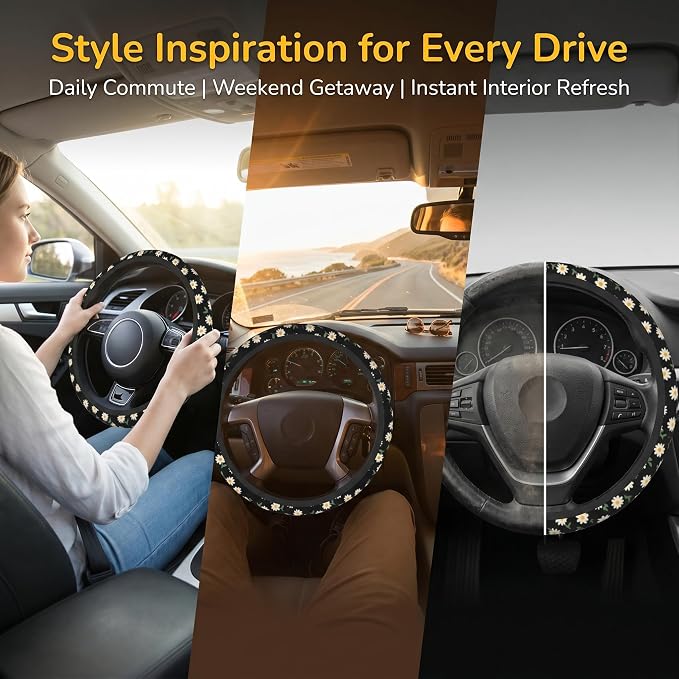 Daisy Flower Steering Wheel Cover 15 Inch + 2Pc Cute car Coasters Set | Anti-Slip Breathable Universal Car Wheel Cover Soft Comfort Grip Accessories for Women Men - Image 3