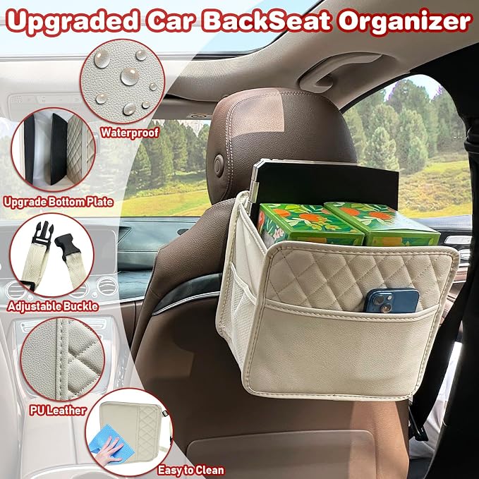 Witaxima 2 Pack Upgraded Car Seat Organizer Backseat with Storage Pockets, Multipurpose Car Organizer Hanging Car Trash Bag Premium PU Leather Garbage Can 2.14 Gallon Large Capacity Accessories Beige - Image 2