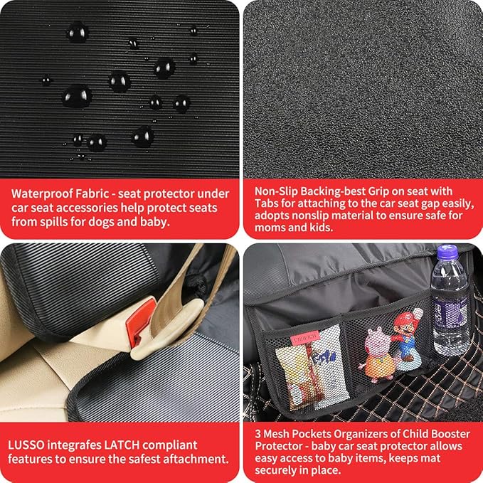 Kaiphy Car Seat Protector - Seat Protection Mat - Thick Padding - Durable, Waterproof Fabric, Leather Reinforced Corners & 3 Pockets for Handy Storage (2 Pack) Black - Image 4