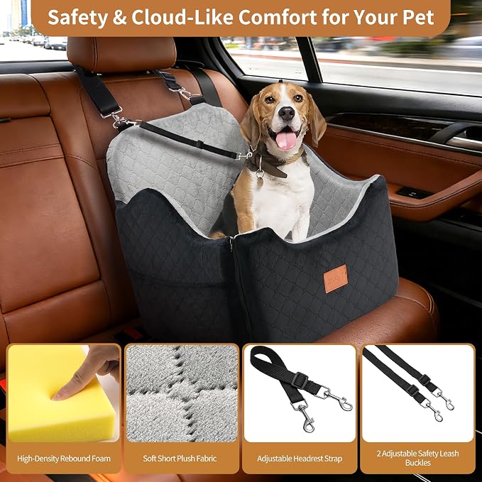 XEEP Dog Car Seat Bed for Small/Medium Dogs Up to 35 lbs, Memory Foam | 2-in-1 Design, Includes Blanket & Urine Pad, 2 Height-Adjust Cushions, Two Safety Tethers, Machine Washable Cover(Black/Grey) - Image 7