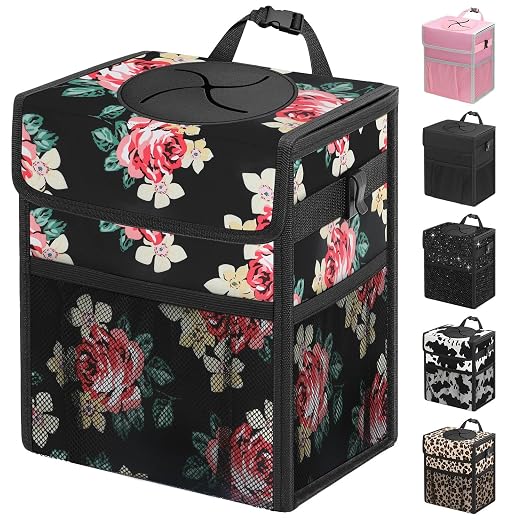 Capolo Car Trash Can with Lid, Leakproof Car Garbage Can Car Trash Bag | Waterproof, Trash Can for Car, 3 Mesh Pockets, Mini Hanging Vehicle Car Trash Bin, for Back/Front Seat (Flower,2.5 Gal) by Capolo