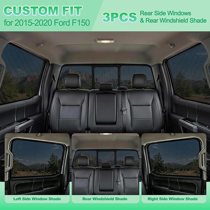 F150 Window Shades 2015-2020, Rear Mesh Coverage, 3PCS | Custom Fit Window Shades, Breathable Mesh Blocks UV Rays, Reduces Heat & Glare, Creates Comfort for Babies & Rear Passengers - Image 3